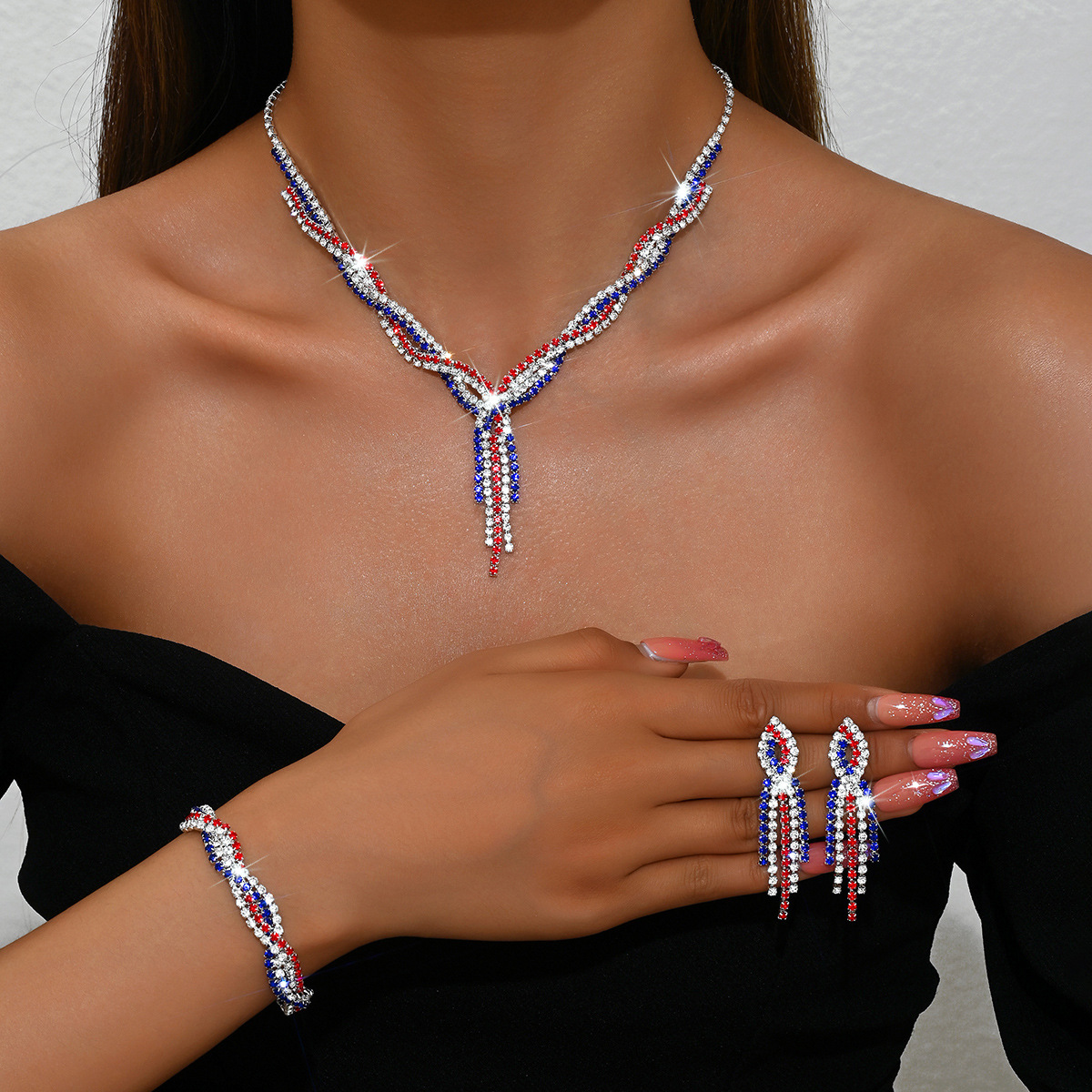 Twisted Tassel Dangle Full Rhinestone Three Pieces Formal Jewelry Set For Women Party Occasions