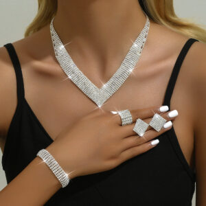 Square Rhinestone V Shape Four Pieces Full Paved Jewelry Set For Women Formal Party Events