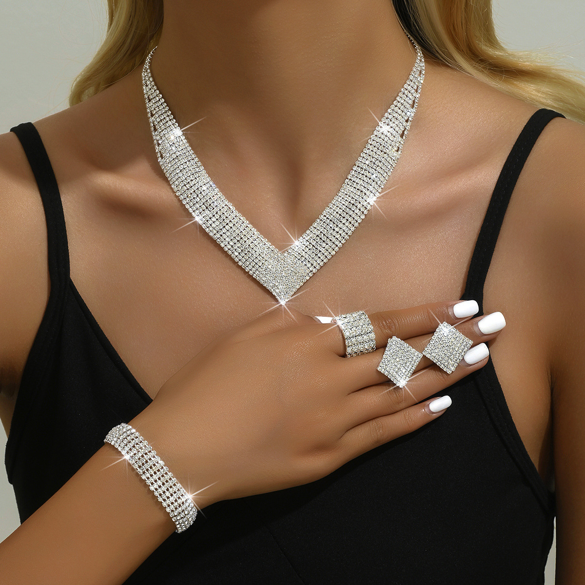 Square Rhinestone V Shape Four Pieces Full Paved Jewelry Set For Women Formal Party Events