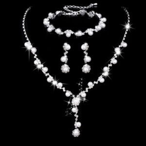 Pearl Inlaid Tassel Pendant Three Pieces Bridal Jewelry Set For Wedding Formal Occasions