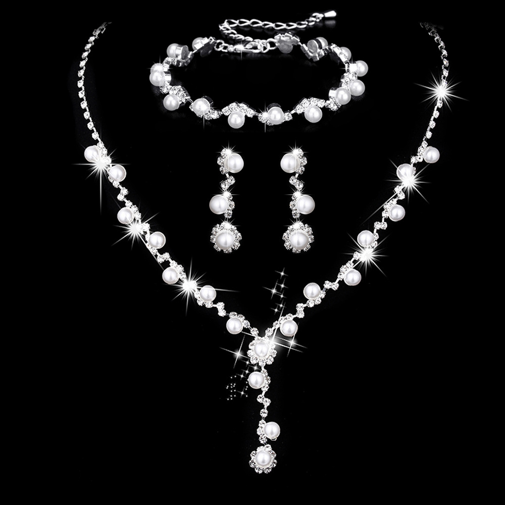 Pearl Inlaid Tassel Pendant Three Pieces Bridal Jewelry Set For Wedding Formal Occasions