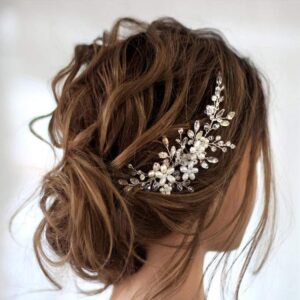 Handmade Silver Floral Crystal Pearl Hair Vine For Romantic Bridal Wedding Side Hair Accessory