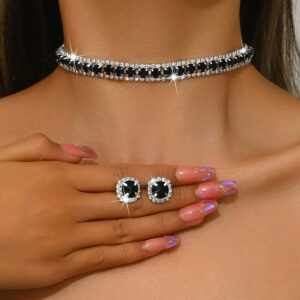 Luxury Inlaid Round Cut Sparkling Stone Choker Necklace Twin Rings Party Jewelry Daily Accessory Collection
