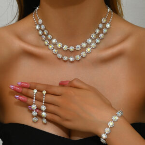 Sparkling Floral Cluster Necklace Bracelet Earrings Women Formal Occasion Jewelry Complete Set