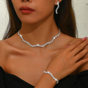 Curved Wave Paved Stone Choker Bracelet Drop Earrings Ladies Elegant Occasion Jewelry Accessory Set