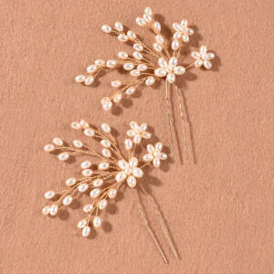 Handmade Gold Wire Floral Pearl U Hair Pins Set Romantic Bridal Wedding Hair Accessory