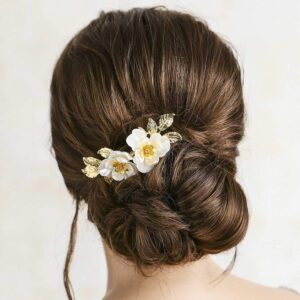 Gold Leaf White Floral Hair Clip Elegant Vintage Bridal Wedding Bun Hair Accessory