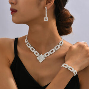 Geometric Square Pendant Necklace Bracelet Drop Earrings Women Formal Event Jewelry Full Set