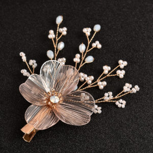 Rose Gold Wire Flower Pearl Opal Hair Clip Romantic Bridal Wedding Hair Accessory