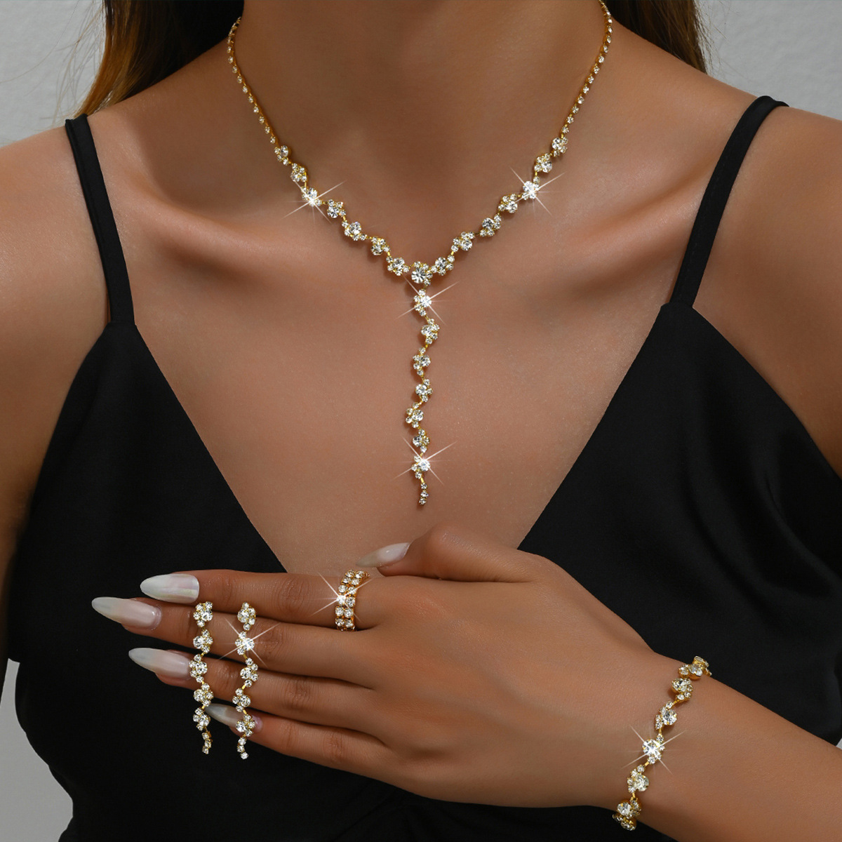 Floral Cluster Y Drop Necklace Bracelet Stacking Rings Ladies Evening Party Jewelry Complete Set
