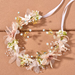 Romantic Tulle Floral Headband Butterfly Pearl Flower Wreath for Bridal Photoshoot Festival Beach