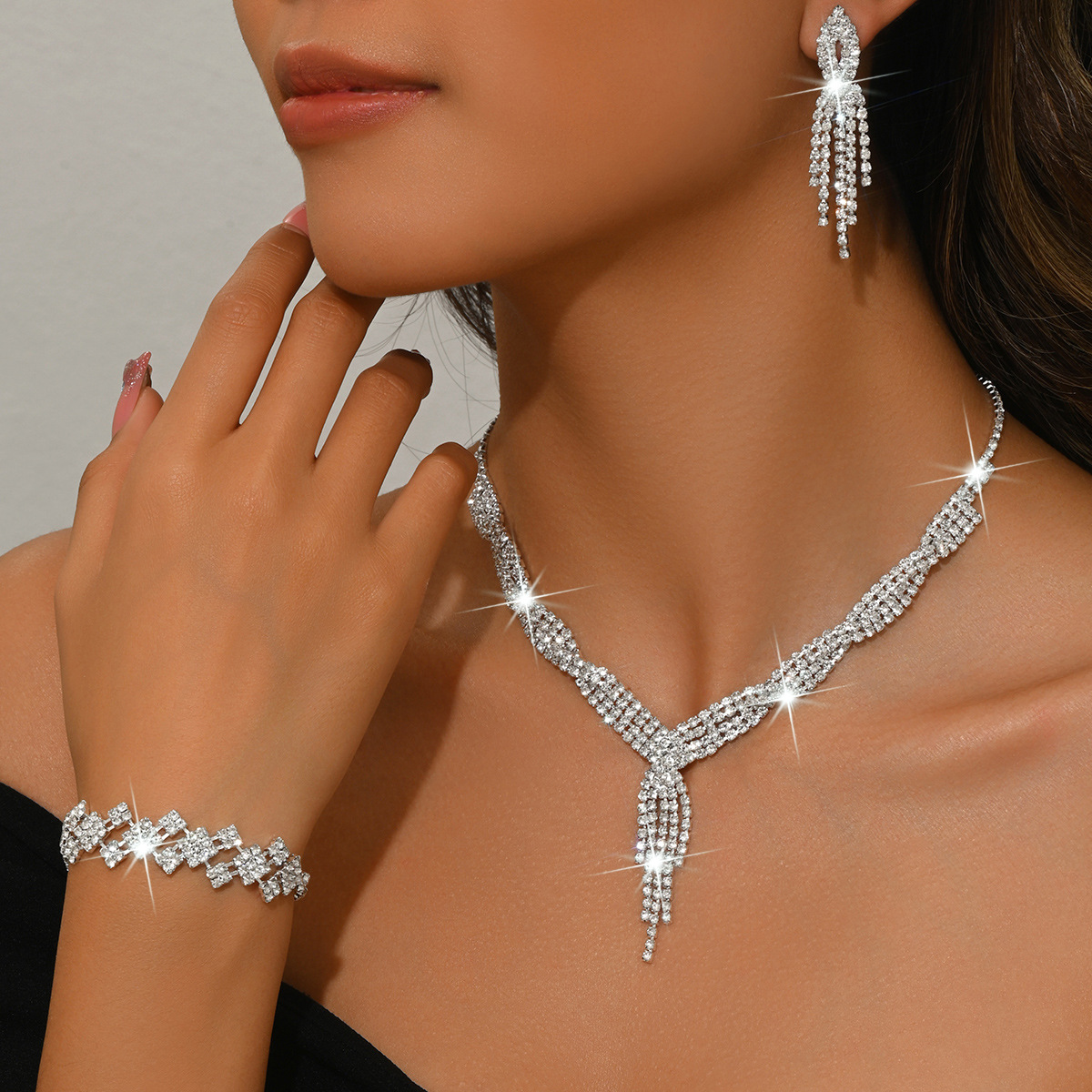Tassel Fringe Y Drop Necklace Bracelet Long Dangle Earrings Women Pageant Evening Jewelry Full Set