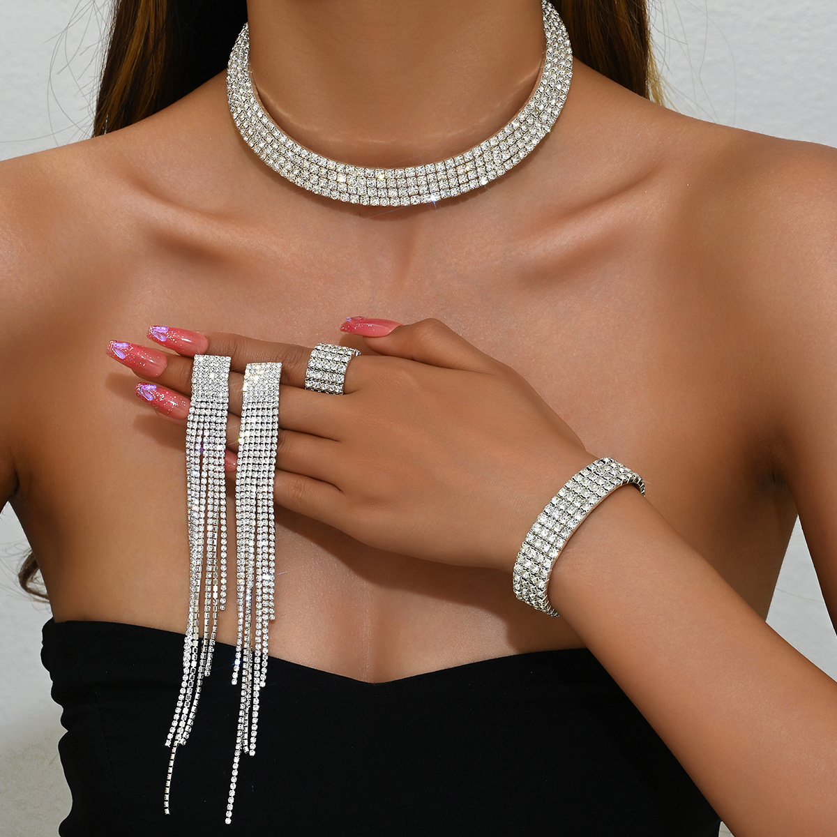Multi Row Paved Choker Bracelet Stack Ring Long Tassel Drop Earrings Women Pageant Jewelry Full Set