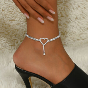 Heart Outline Rhinestone Tassel Anklet For Women Summer Beach Stylish Foot Accessory