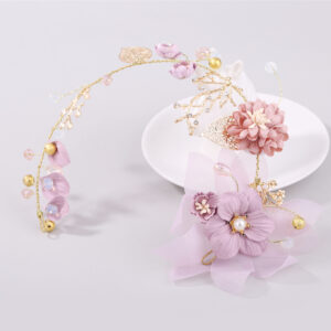 Lavender Fabric Floral Bridal Headband Crystal Pearl Wedding Hair Accessory for Bride