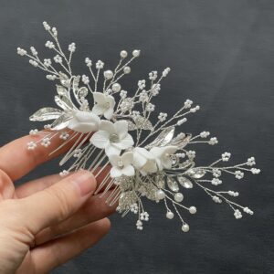Silver White Clay Flower Pearl Crystal Hair Comb Romantic Garden Bridal Wedding Hair Accessory 1.Silver