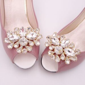 Gold Base Floral Crystal Shoe Clips Sparkly Bridal Wedding Shoe Decor Pair for Women