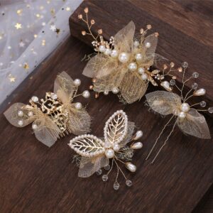 Golden Tulle Pearl Crystal Leaf Bridal Hair Accessories Set Wedding Hair Combs Pins