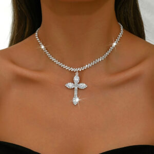 Sparkling Crystal Cross Pendant Tennis Chain Choker Necklace Party Daily Jewelry Gift for Women Girls