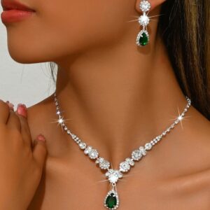 Teardrop Gemstone Pendant Two Pieces Jewelry Set Formal Occasion Accessory Gift for Women Ladies