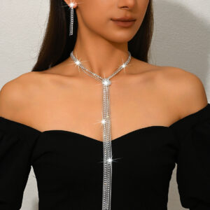 Long Fringe Lariat Pendant 2Pcs Jewelry Set Evening Formal Outfit Accessory Gift for Women Ladies