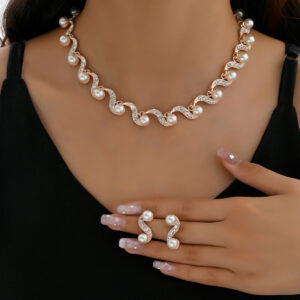Wave Curved Pearl 3 Pieces Jewelry Set Daily Elegant Party Outfit Accessory Gift for Women