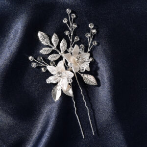 Silver Leaf White Flower Crystal Beaded Bridal U Hair Pin Wedding Hair Accessory