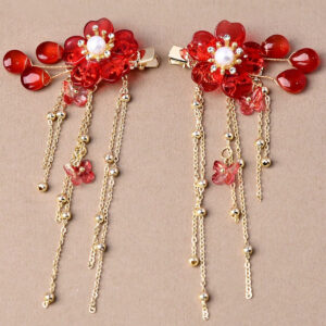 Red Floral Tassel Pearl Gold Chinese Style Wedding Hair Clip Pair for Brides