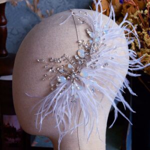 White Ostrich Feather Opal Crystal Silver Bridal Side Hair Clip Wedding Headpiece