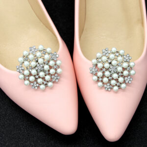 Round Cluster Pearl Rhinestone Silver Detachable Wedding Shoe Clips Pair for Bridal Shoes