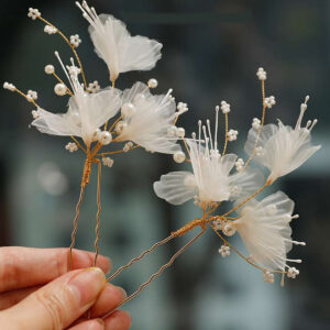 Handmade Tulle Flower Pearl Hair Pins Gold U‑pin Bridal Updo Hairpiece for Wedding