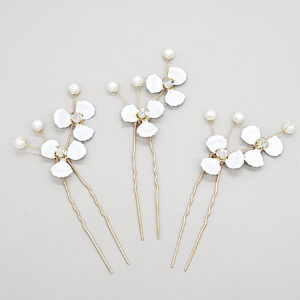 Gold Wire White Flower Pearl Crystal U Hair Pins Set Bridal Wedding Hair Accessory
