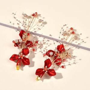 Red Fabric Flower Pearl Crystal Gold Wedding Hair Clip Pair for Bridal Hairstyle