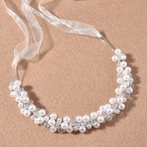 Pearl Crystal Beaded Ribbon Tie Bridal Flexible Wedding Hair Headband