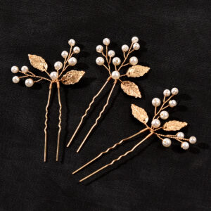 Gold Leaf Pearl Twig U Hairpins Set Delicate Bridal Wedding Updo Hair Pins