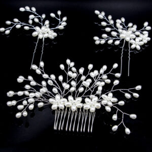 Silver Wire Pearl Branch Hair Comb & U Pin Set Romantic Bridal Wedding Hair Accessory