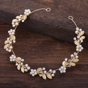 Golden Leaf Pearl Rhinestone Flexible Vine Bridal Wedding Forehead Headband