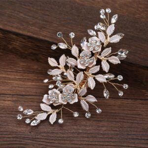 Gold Tone Crystal Flower Leaf Bridal Hair Clip Wedding Hair Accessories for Bride and Bridesmaid