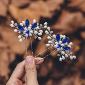 Handmade Royal Blue Crystal Pearl Floral U Pins Set for Bride Wedding Hairstyling Decor