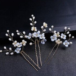Light Blue Flower Pearl Gold Wire U Pins Set for Bridal Wedding Sweet Hairstyle Decoration