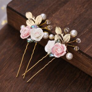 Pink White Rose Pearl Gold Leaf U Pin Set For Bridal Wedding Vintage Sweet Hairstyles