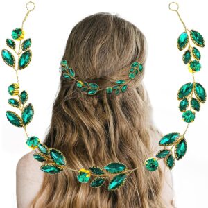 Gold Tone Emerald Green Crystal Leaf Bridal Hair Vine For Wedding Party Formal Banquet Hairstyles