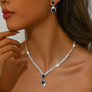 Oval Halo Gem Drop Necklace Earrings 2Pcs Jewelry Set For Women Formal Evening Occasions