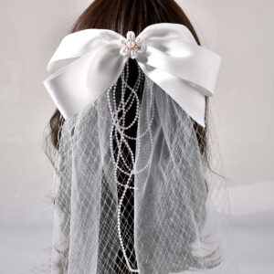 White Satin Bow Pearl Flower Mesh Bridal Veil For Wedding Bridal Shower Photo Shoot Ceremony