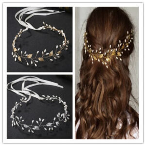 Gold Leaf Pearl Ribbon Bridal Headband For Wedding Garden Boho Beach Party Bride Hair Accessories