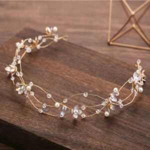 Gold Wire Flower Pearl Crystal Bridal Headband For Wedding Garden Boho Prom Bride Hair Decor