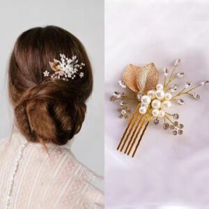 Gold Leaf Pearl Rhinestone Bridal Hair Comb For Wedding Garden Boho Prom Bride Updo Hairstyles