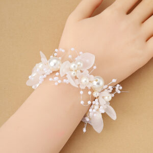 Handmade White Flower Faux Pearl Wrist Corsage Bracelet for Bridal Wedding Party Women Accessory Decor