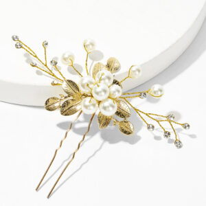 Golden Leaf Faux Pearl Crystal Hair U‑Pin Bridal Wedding Party Accessory for Women Hairstyle Decoration