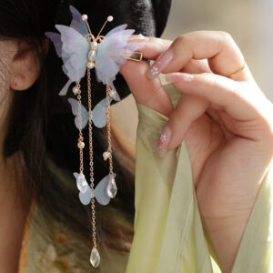 Fabric Butterfly Pearl Tassel Hair Clip Chinese Style Hair Accessory for Women Costume Hairstyle Decor